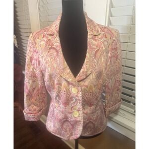 Koret‎ Ladies Pink Paisley Cropped Fitted Blazer W/ Button Close. Sz 8 Petite
